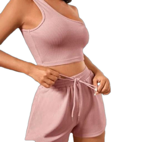 Pink One Shoulder Crop Top and Shorts Set - Picture 7 of 10